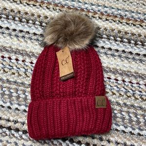 New with tags C.C Chunky Knit Cable C.C Pom Beanie - Burgundy